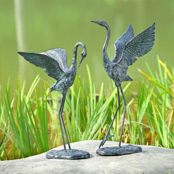 Crane Pair Exalted Sculptures Green Bronze Finish Dancing Birds